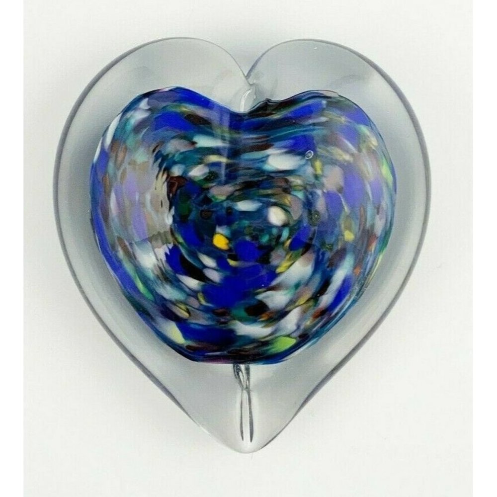 Jacqueline Mendelson Art Glass Blue Purple Cased Glass Heart Paperweight 2014